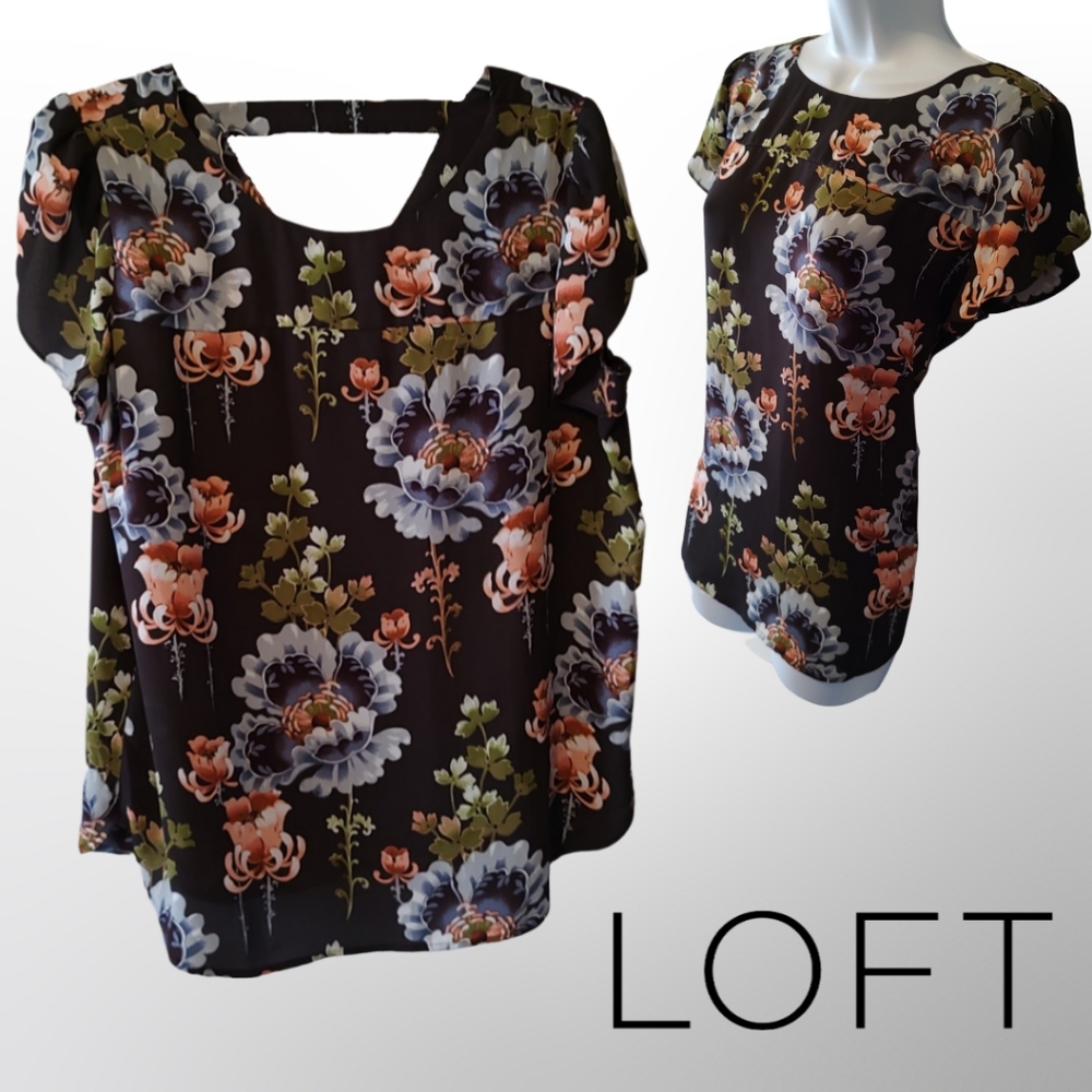 Loft Floral Blouse, Size Medium M, Black Blue Pink Green